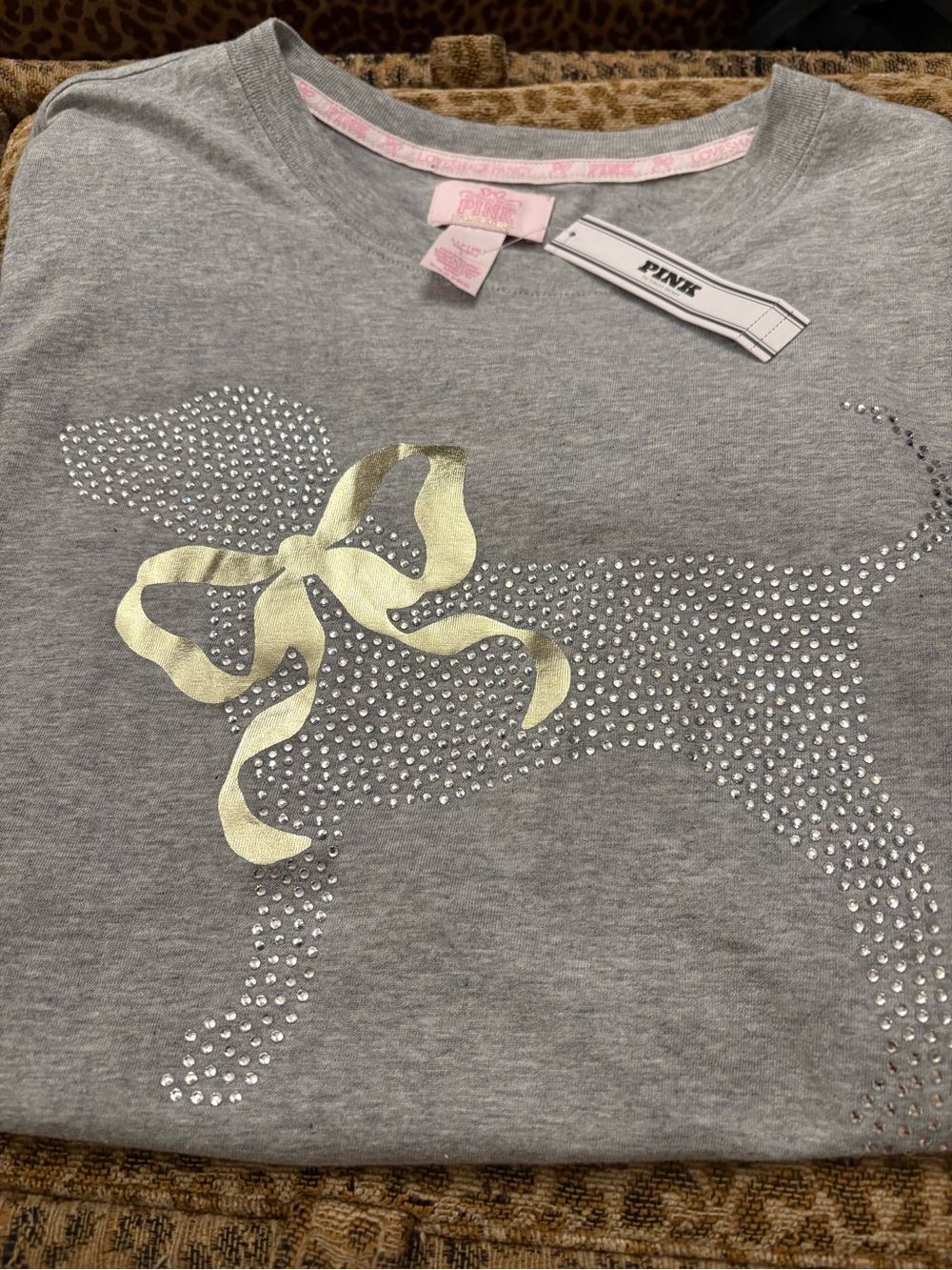 LoveShackFancy Gray Short Sleeve Tee with Gold Bow Rhinestone Dog Motif